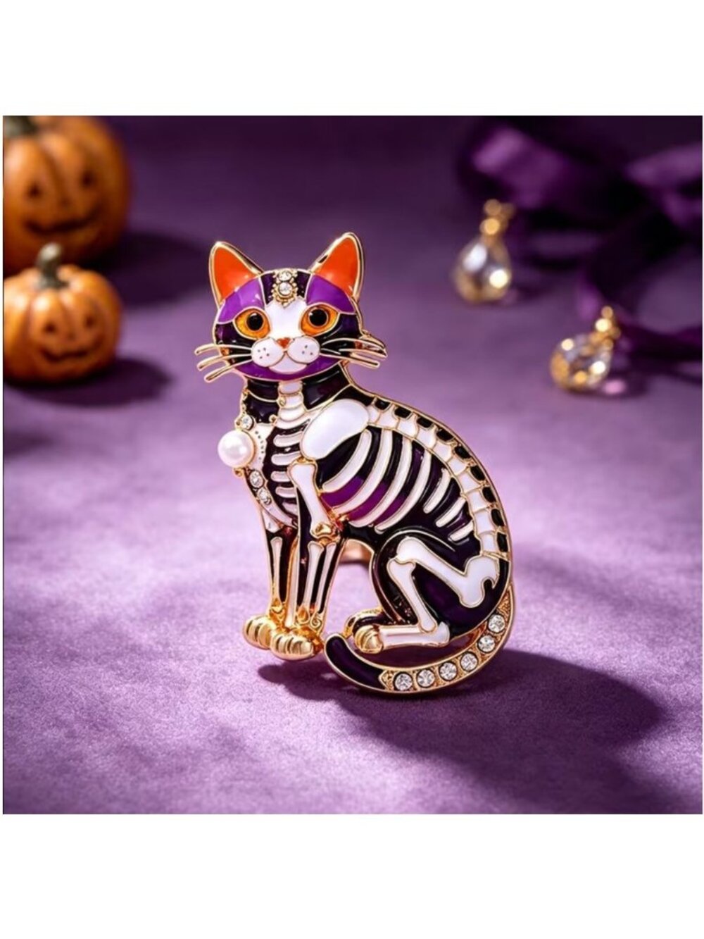 Halloween Enamel Cat Skeleton Brooch With Clear Crystals Gold-Tone